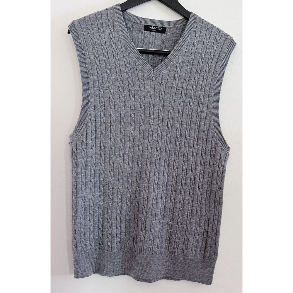 Kallspin Sweater Vest Mens Medium Cable Knit Wool blend V Neck Preppy Fisherman